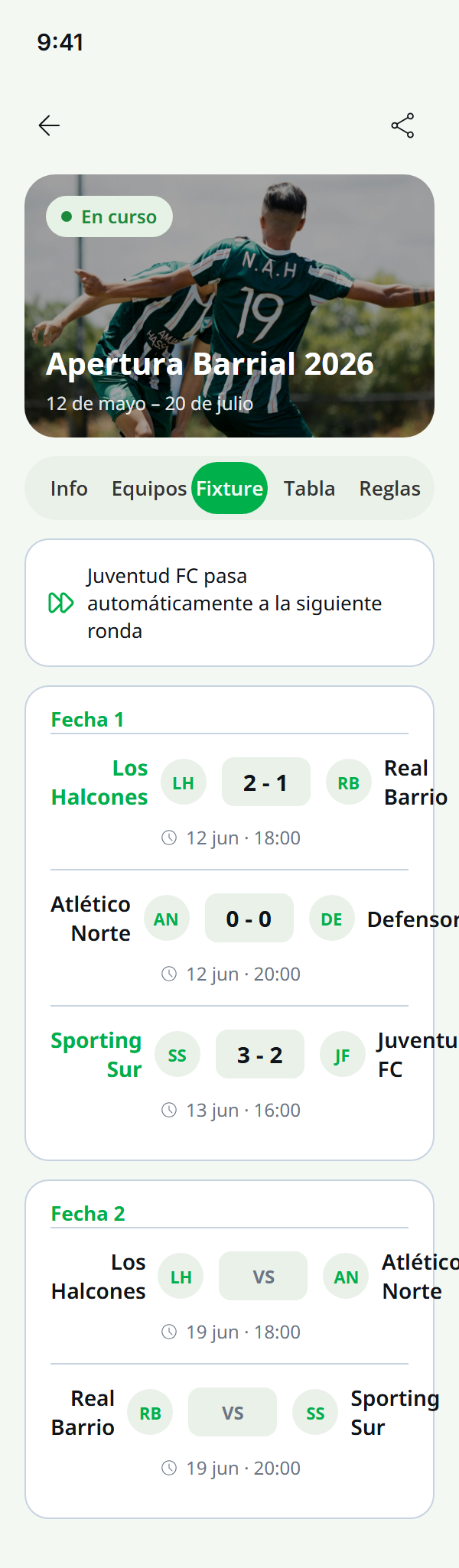 Fixture del torneo Apertura Barrial 2026 en la app, con los partidos y resultados de la fecha 1 y la fecha 2